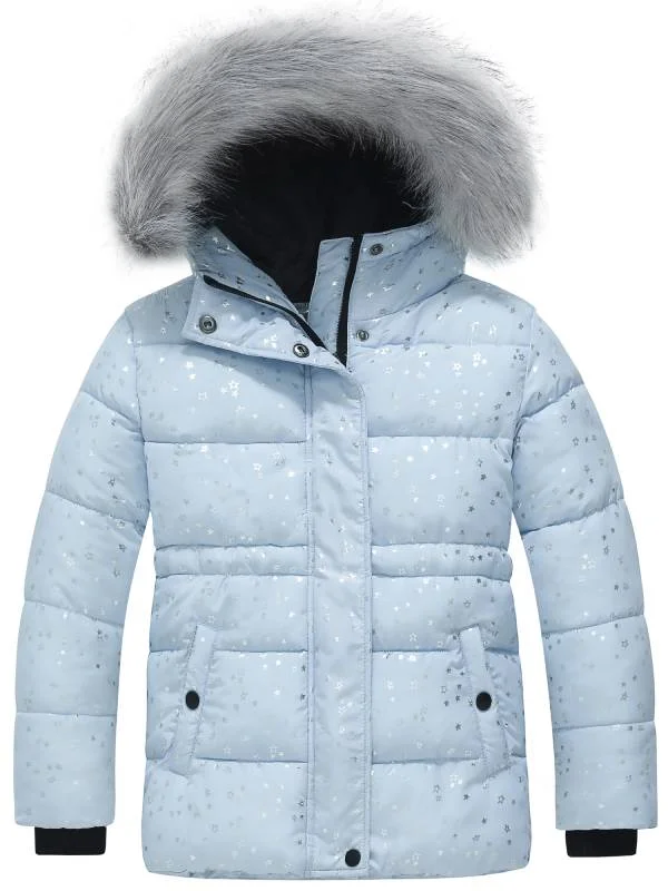 Designer carving ski bindings-Girl's Quilted Winter Coat Thicken Puffer Jacket with Fur Hood