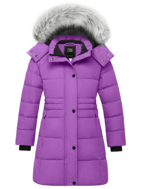 Affordable freeride ski helmets-ZSHOW Girls' Long Winter Parka Coat Fleece Puffer Jacket with Detachable Hood