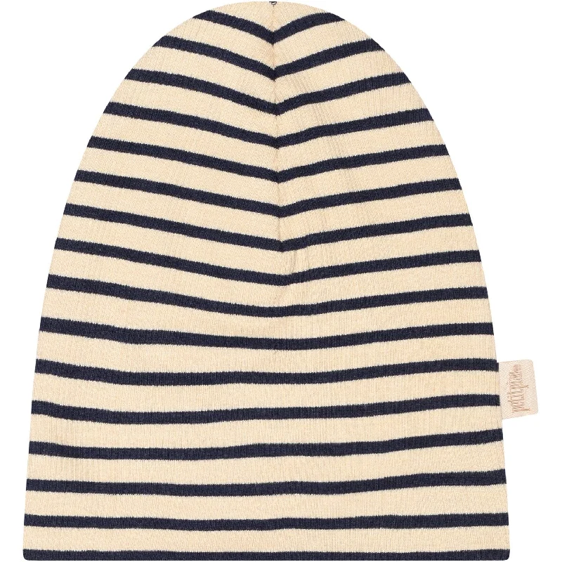 Lightweight ski glove liners-Petit Piao Indigo Plum/Dark Off White Beanie Hat Modal Striped